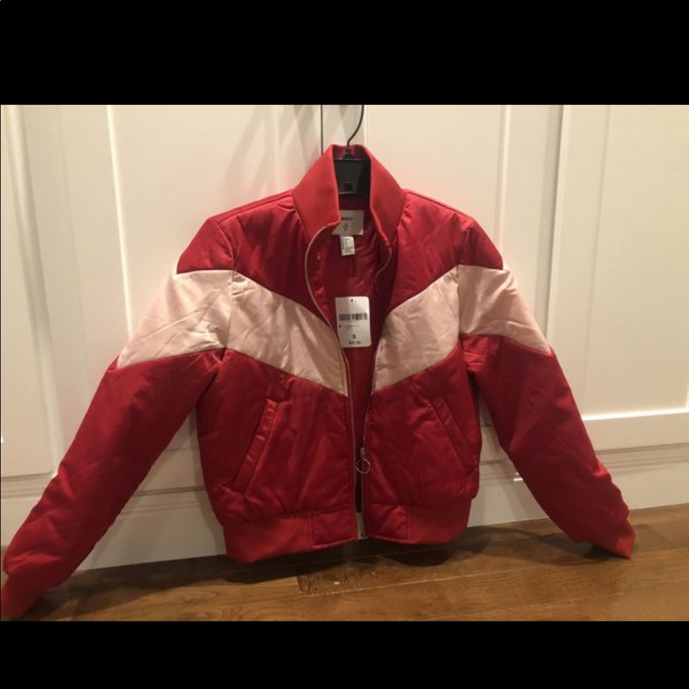 puffy red and cream jacket